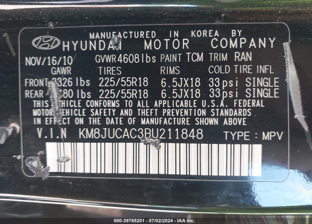 2011 HYUNDAI TUCSON LIMITED VIN: KM8JUCAC3BU211848