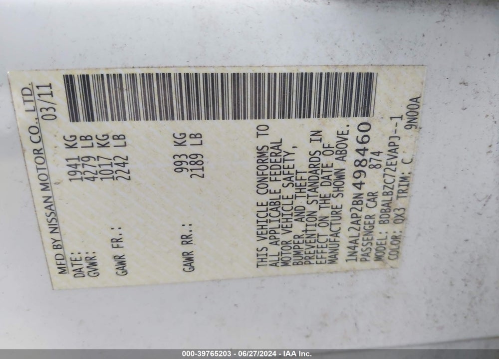 2011 NISSAN ALTIMA 2.5 S VIN: 1N4AL2AP2BN498460