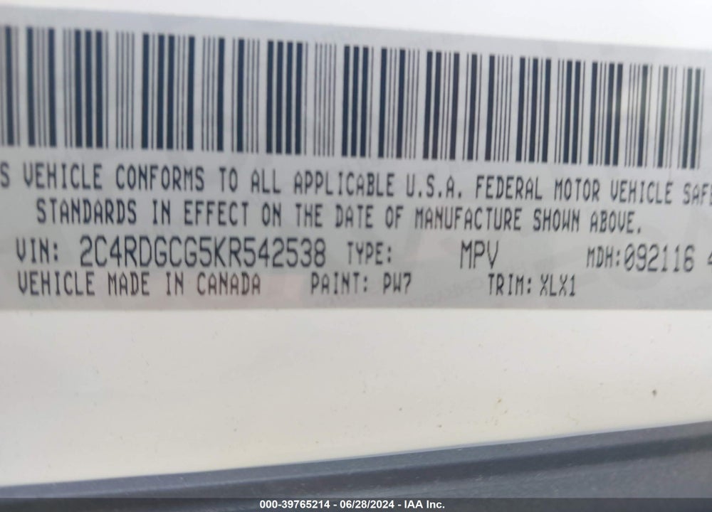 2019 DODGE GRAND CARAVAN SXT VIN: 2C4RDGCG5KR542538