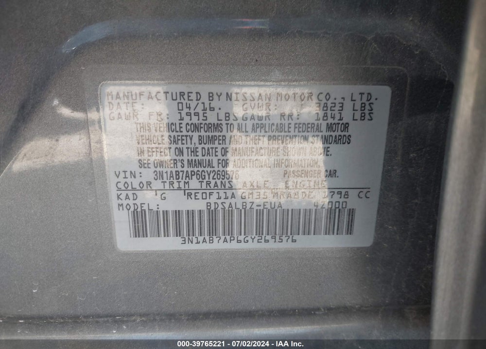 2016 NISSAN SENTRA S VIN: 3N1AB7AP6GY269576