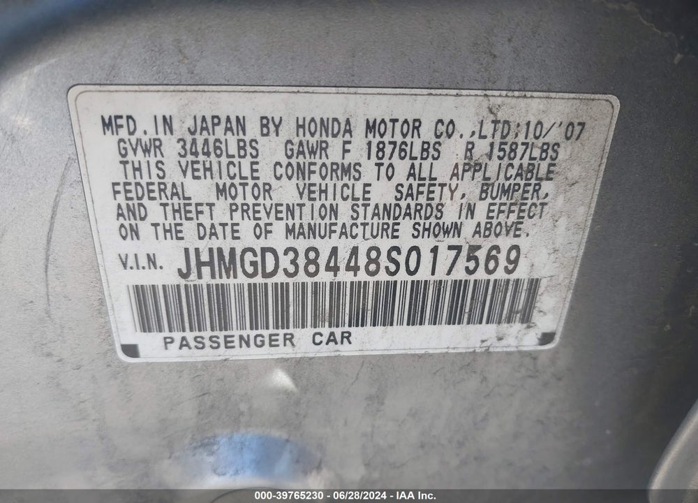 2008 HONDA FIT VIN: JHMGD38448S017569