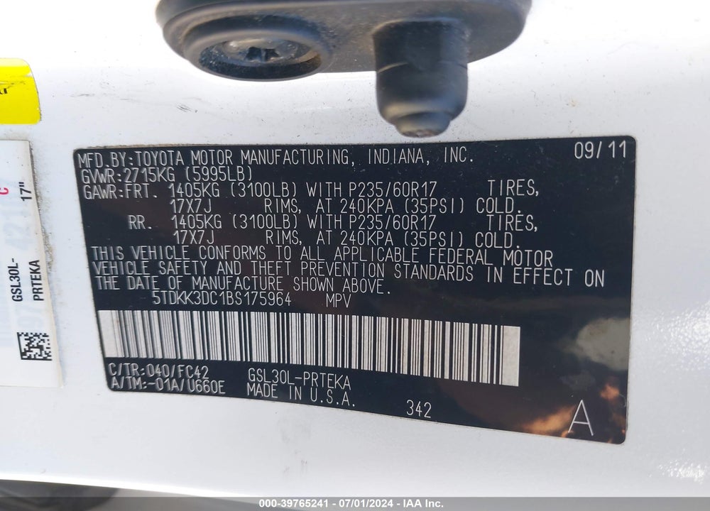 2011 TOYOTA SIENNA LE V6 VIN: 5TDKK3DC1BS175964