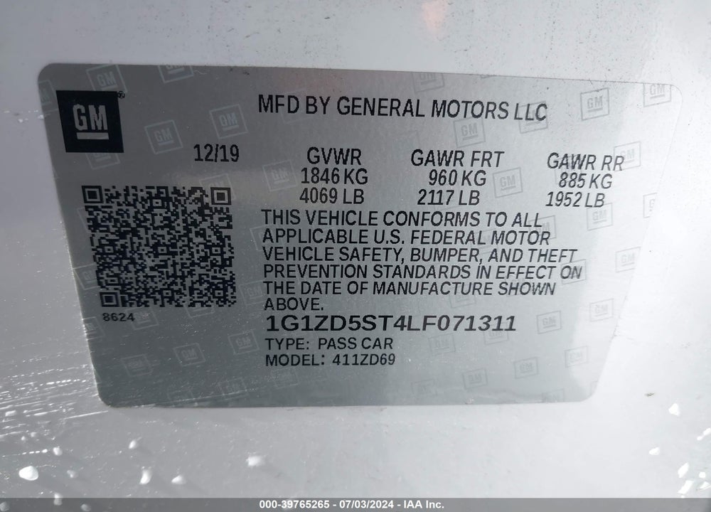 2020 CHEVROLET MALIBU FWD LT VIN: 1G1ZD5ST4LF071311