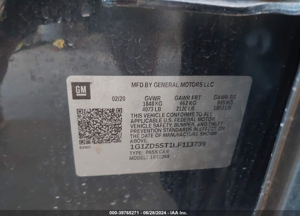2020 CHEVROLET MALIBU FWD LT VIN: 1G1ZD5ST1LF113739