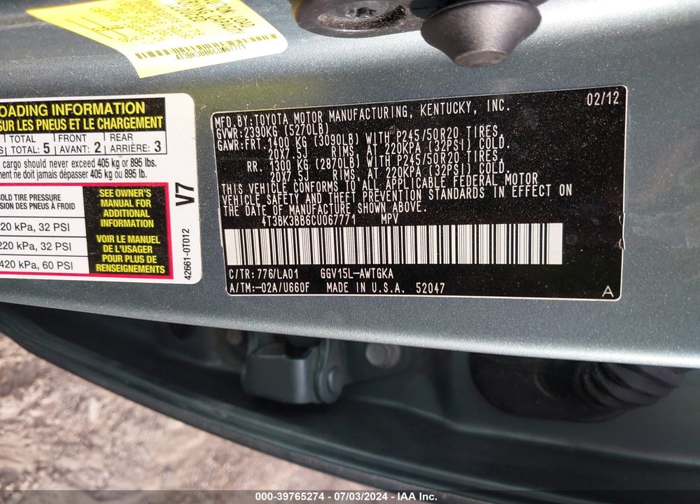 2012 TOYOTA VENZA LIMITED V6 VIN: 4T3BK3BB6CU067771