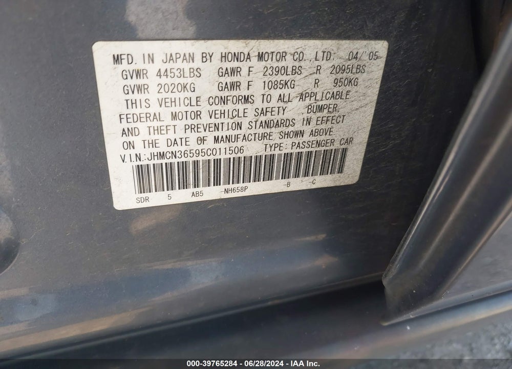 2005 HONDA ACCORD HYBRID IMA VIN: JHMCN36595C011506