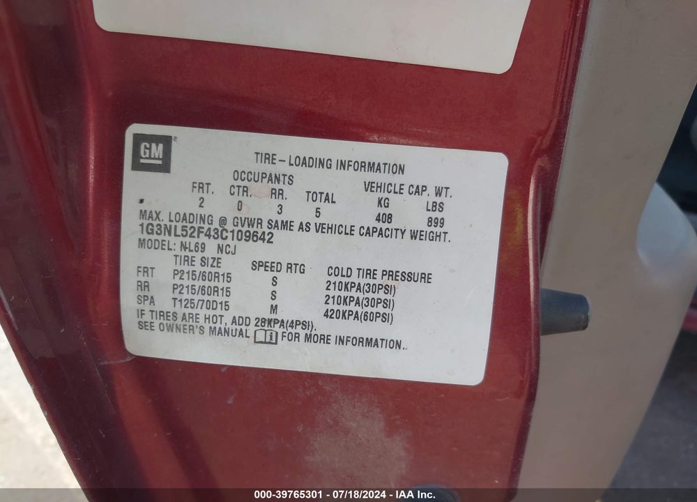 2003 OLDSMOBILE ALERO GL1 VIN: 1G3NL52F43C109642