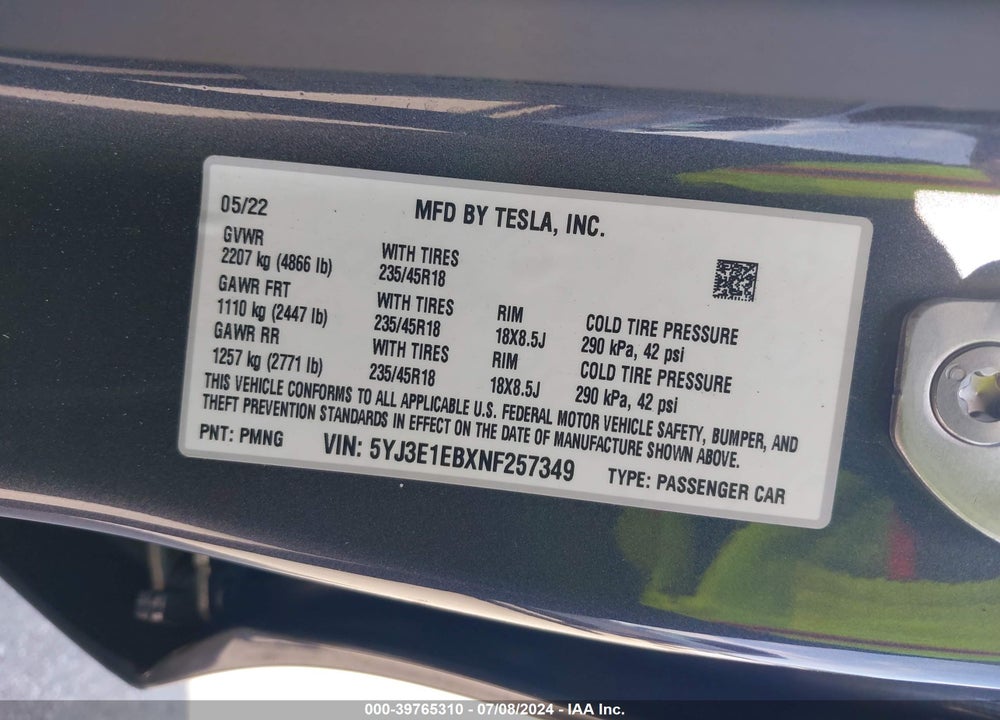 2022 TESLA MODEL 3 LONG RANGE DUAL MOTOR ALL-WHEEL DRIVE VIN: 5YJ3E1EBXNF257349