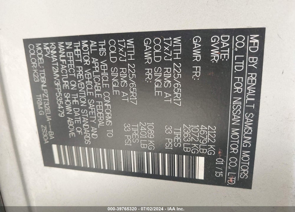 2015 NISSAN ROGUE VIN: KNMAT2MV3FP535479