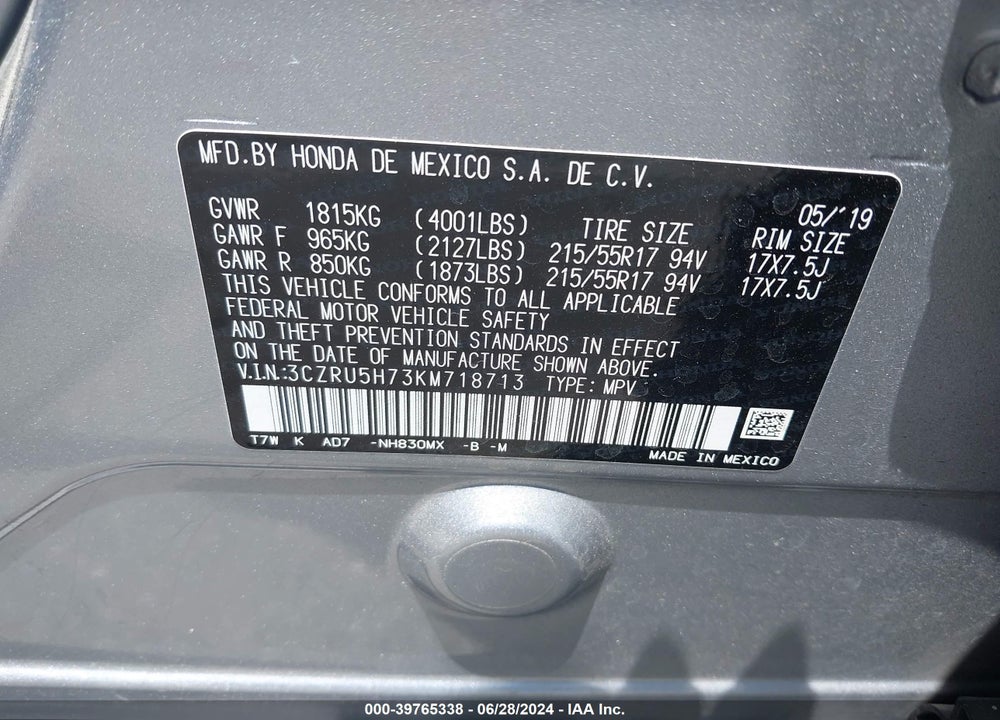 2019 HONDA HR-V EX-L VIN: 3CZRU5H73KM718713