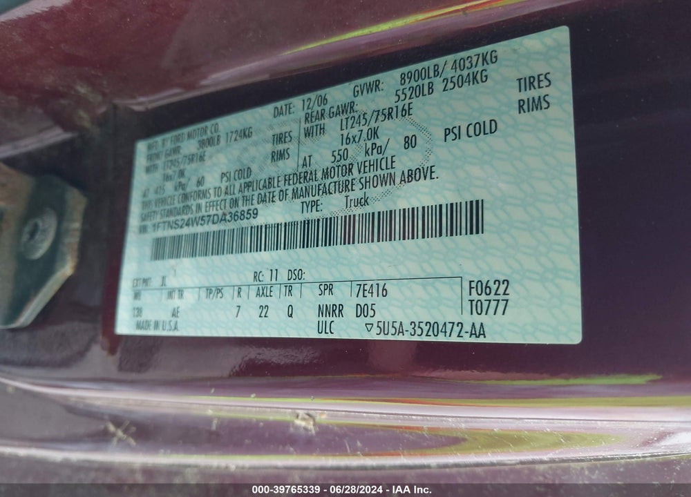 2007 FORD E-250 VIN: 1FTNS24W57DA36859