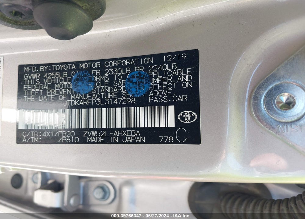 2020 TOYOTA PRIUS PRIME LE VIN: JTDKARFP3L3147298