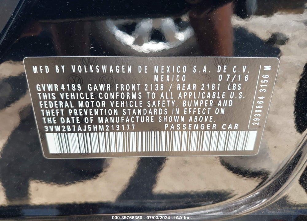 2017 VOLKSWAGEN JETTA 1.4T S VIN: 3VW2B7AJ5HM213177