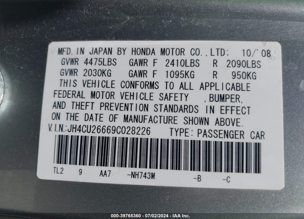 2009 ACURA TSX VIN: JH4CU26669C028226