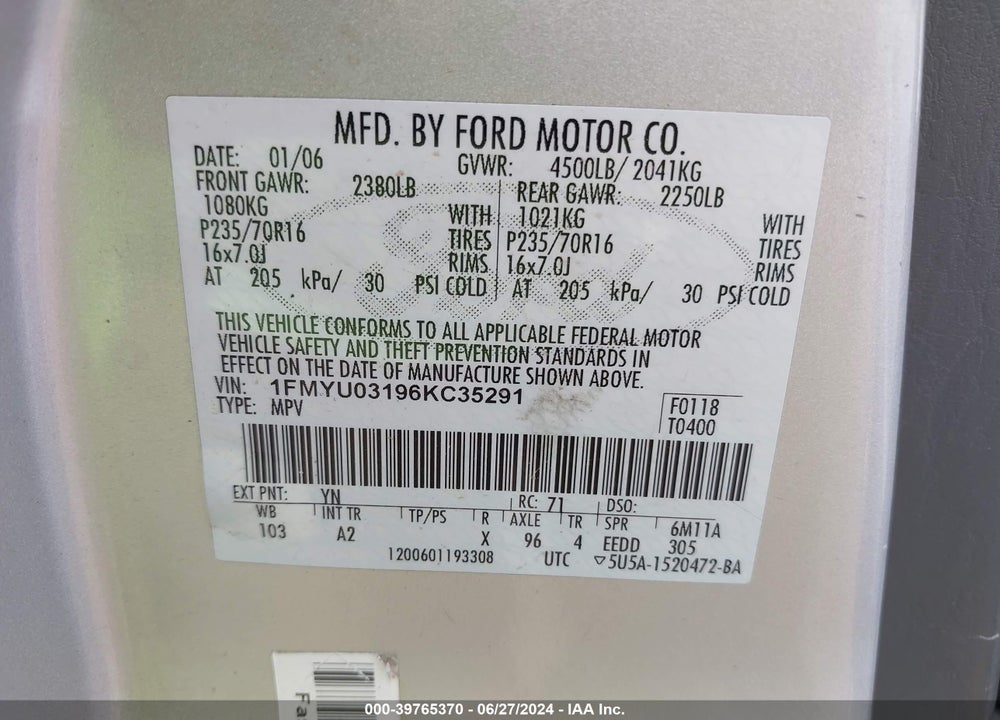 2006 FORD ESCAPE XLT/XLT SPORT VIN: 1FMYU03196KC35291