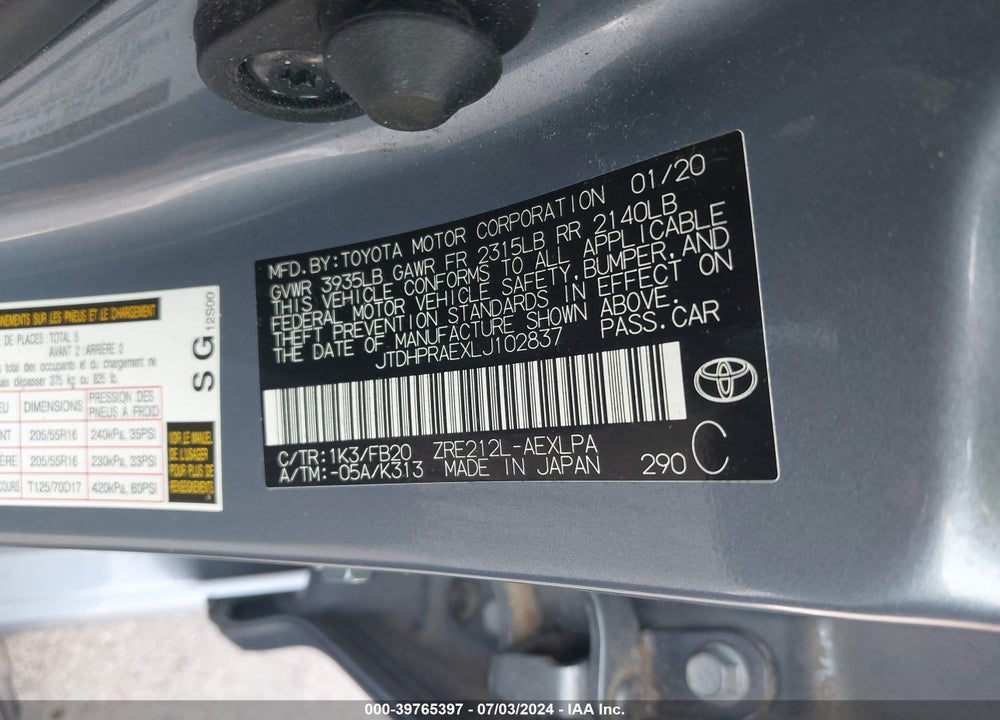 2020 TOYOTA COROLLA LE VIN: JTDHPRAEXLJ102837