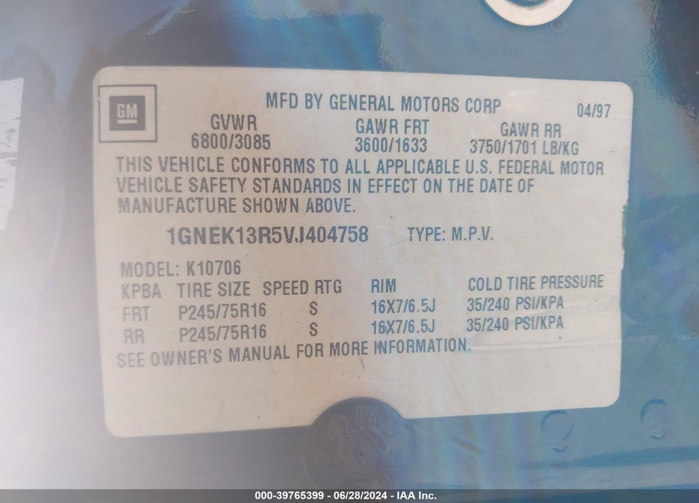 1997 CHEVROLET TAHOE LS VIN: 1GNEK13R5VJ404758