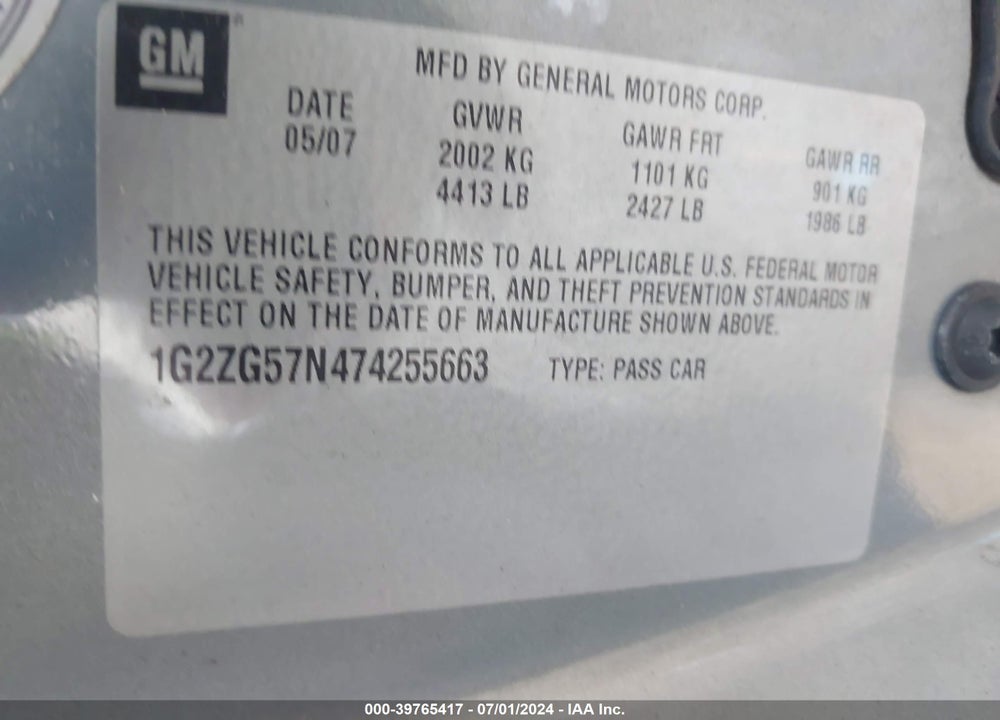 2007 PONTIAC G6 VIN: 1G2ZG57N474255663