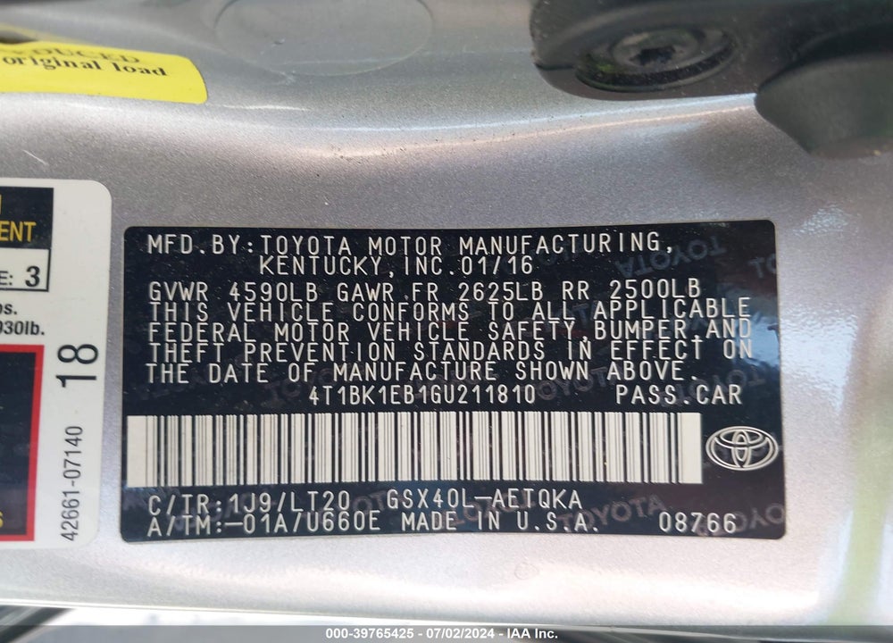 2016 TOYOTA AVALON TOURING VIN: 4T1BK1EB1GU211810