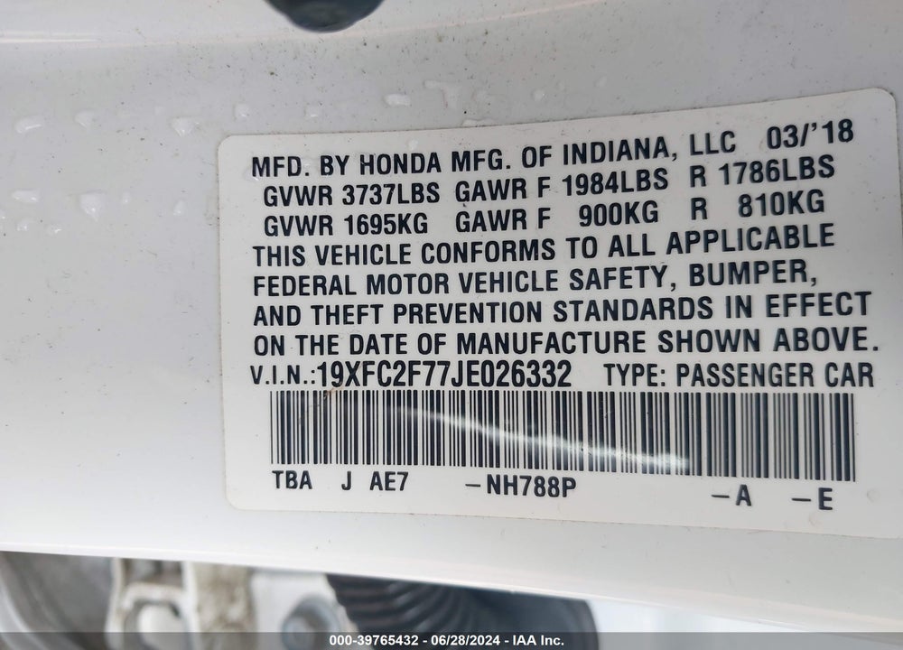 2018 HONDA CIVIC EX VIN: 19XFC2F77JE026332