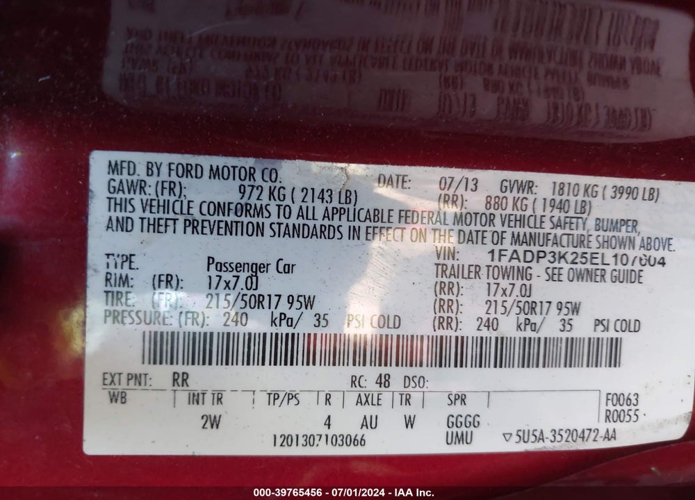 2014 FORD FOCUS SE VIN: 1FADP3K25EL107604