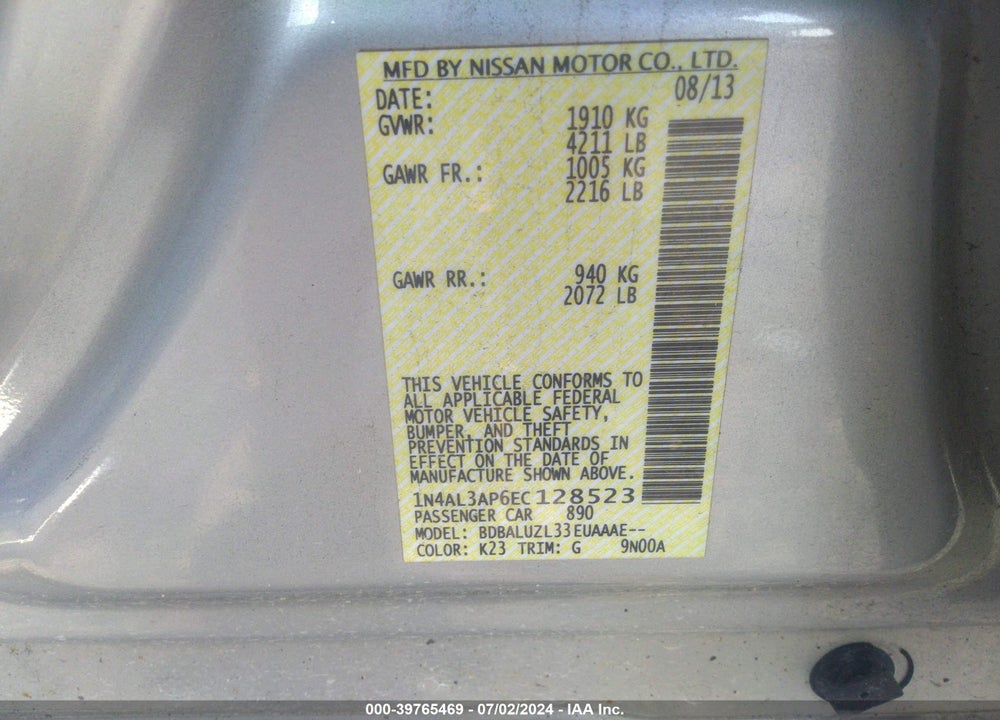 2014 NISSAN ALTIMA 2.5 SV VIN: 1N4AL3AP6EC128523