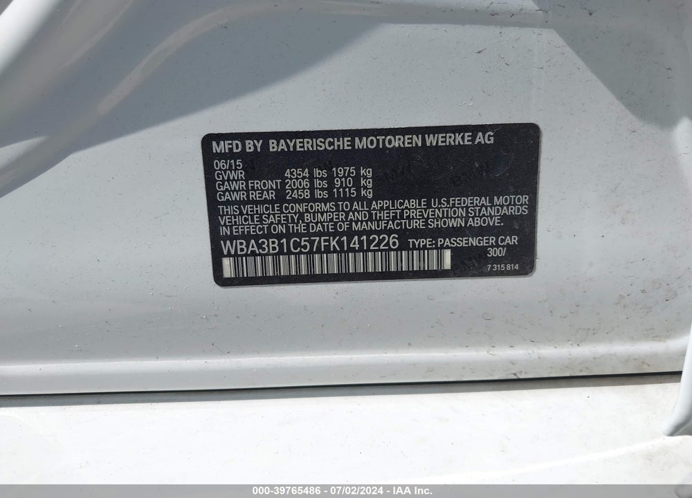 2015 BMW 320I VIN: WBA3B1C57FK141226