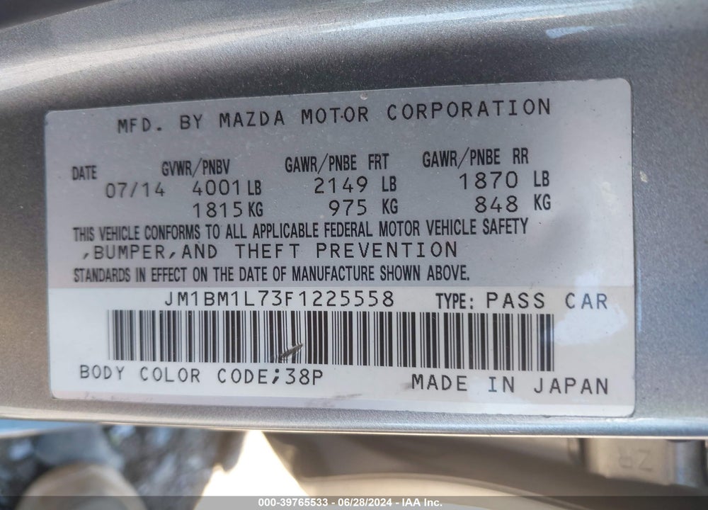 2015 MAZDA 3 I TOURING VIN: JM1BM1L73F1225558
