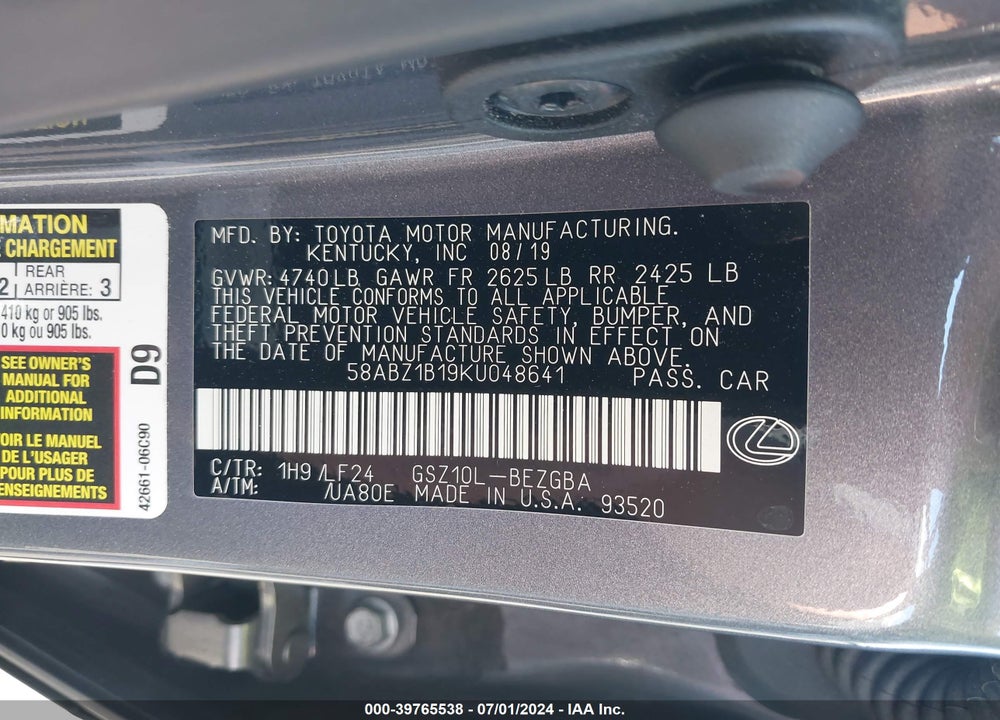2019 LEXUS ES 350 F-SPORT VIN: 58ABZ1B19KU048641