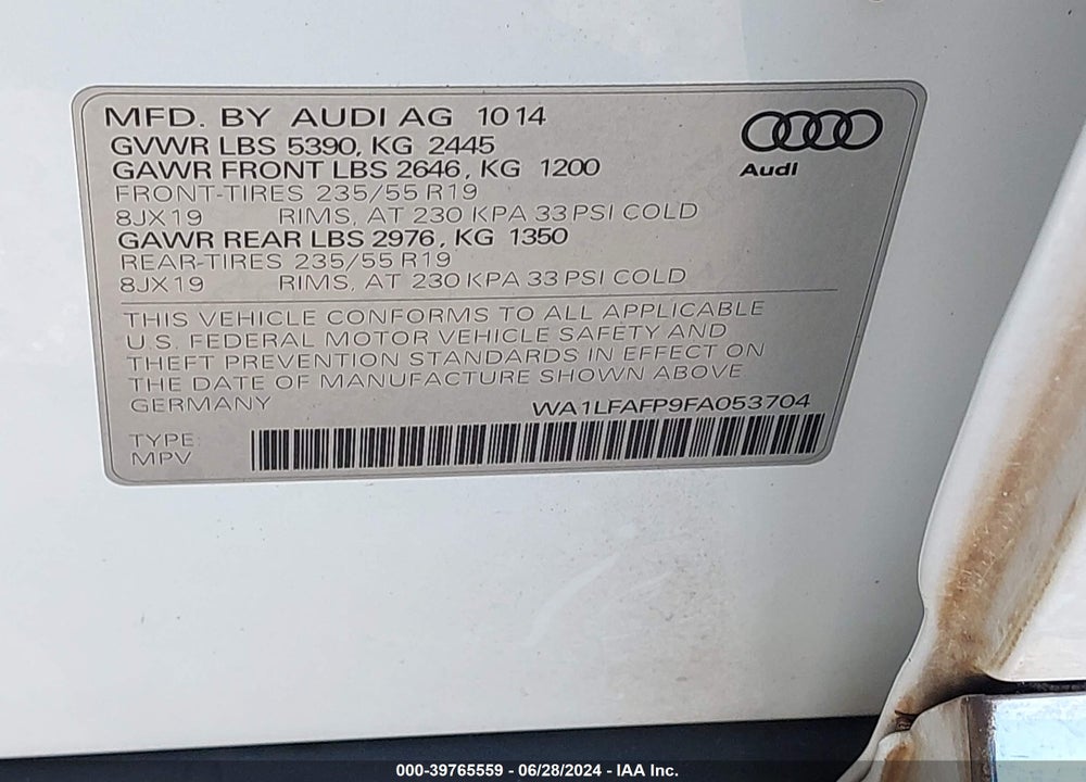 2015 AUDI Q5 2.0T PREMIUM VIN: WA1LFAFP9FA053704