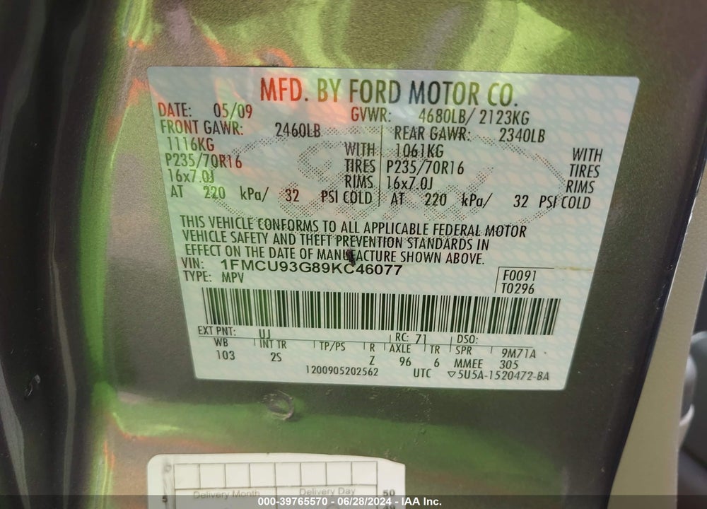 2009 FORD ESCAPE XLT VIN: 1FMCU93G89KC46077