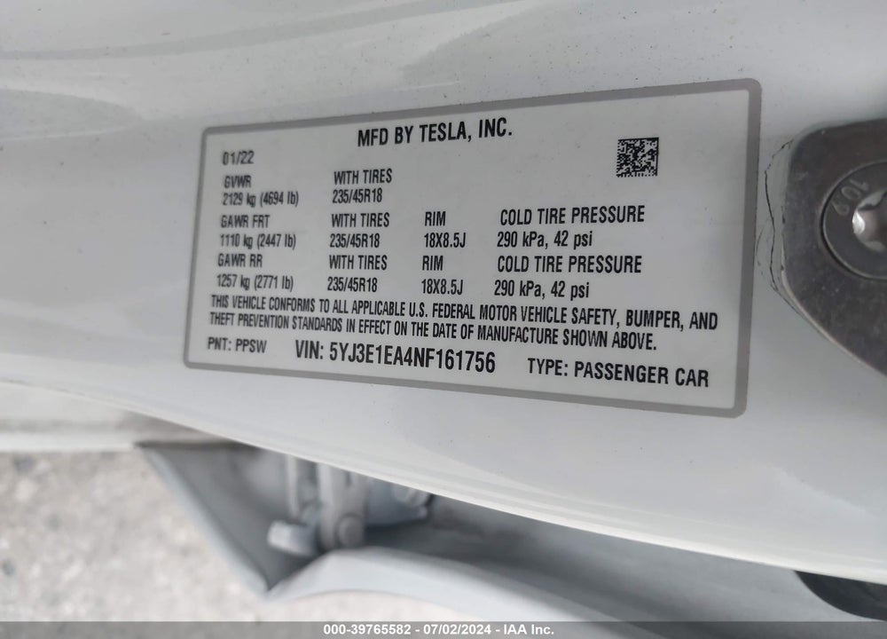 2022 TESLA MODEL 3 REAR-WHEEL DRIVE VIN: 5YJ3E1EA4NF161756