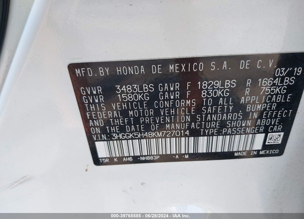 2019 HONDA FIT LX VIN: 3HGGK5H48KM727014