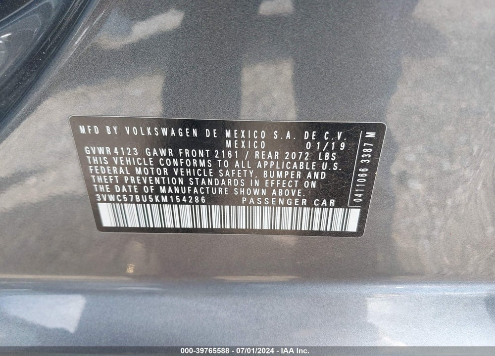 2019 VOLKSWAGEN JETTA 1.4T R-LINE/1.4T S/1.4T SE VIN: 3VWC57BU5KM154286