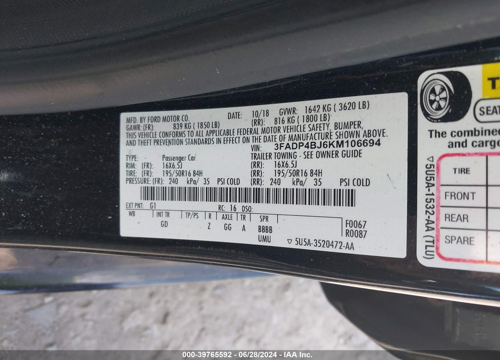 2019 FORD FIESTA SE VIN: 3FADP4BJ6KM106694