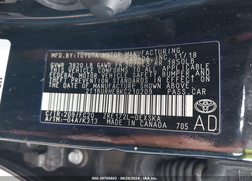 2019 TOYOTA COROLLA SE VIN: 2T1BURHE8KC210209
