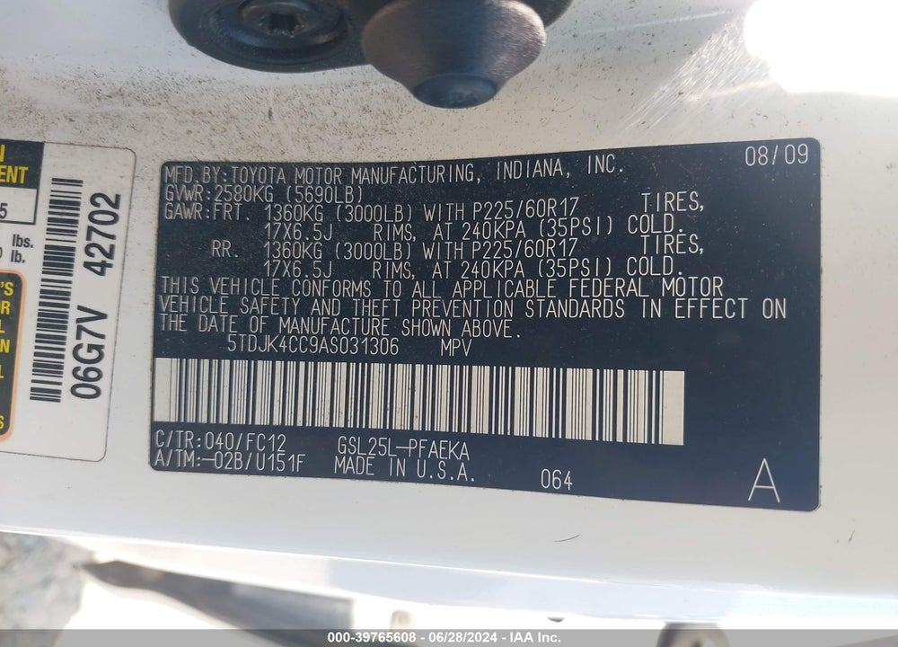 2010 TOYOTA SIENNA LE VIN: 5TDJK4CC9AS031306
