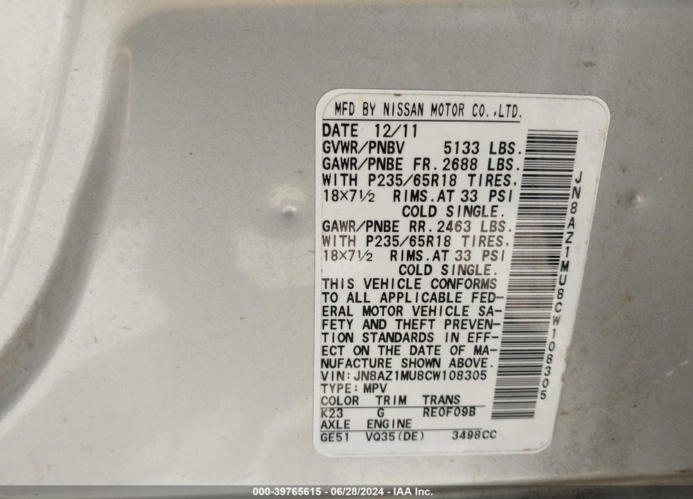 2012 NISSAN MURANO S VIN: JN8AZ1MU8CW108305