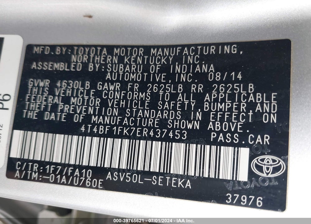 2014 TOYOTA CAMRY L VIN: 4T4BF1FK7ER437453