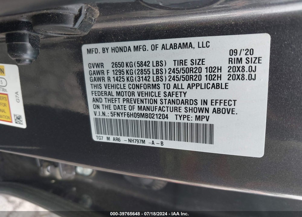 2021 HONDA PILOT AWD ELITE VIN: 5FNYF6H09MB021204