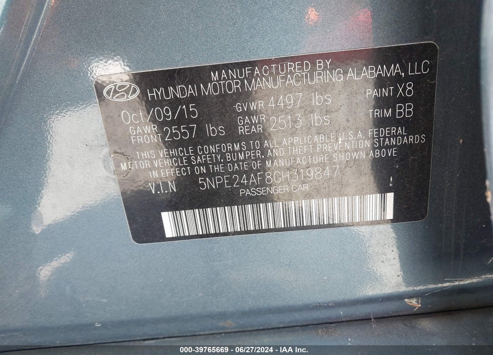 2016 HYUNDAI SONATA SE VIN: 5NPE24AF8GH319847