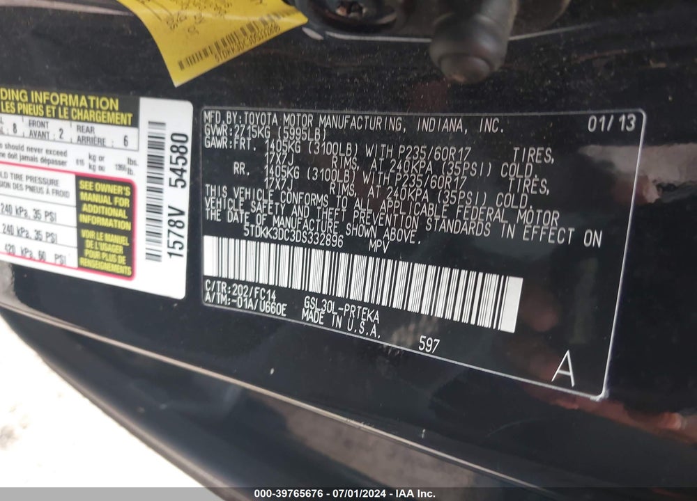 2013 TOYOTA SIENNA LE V6 8 PASSENGER VIN: 5TDKK3DC3DS332896