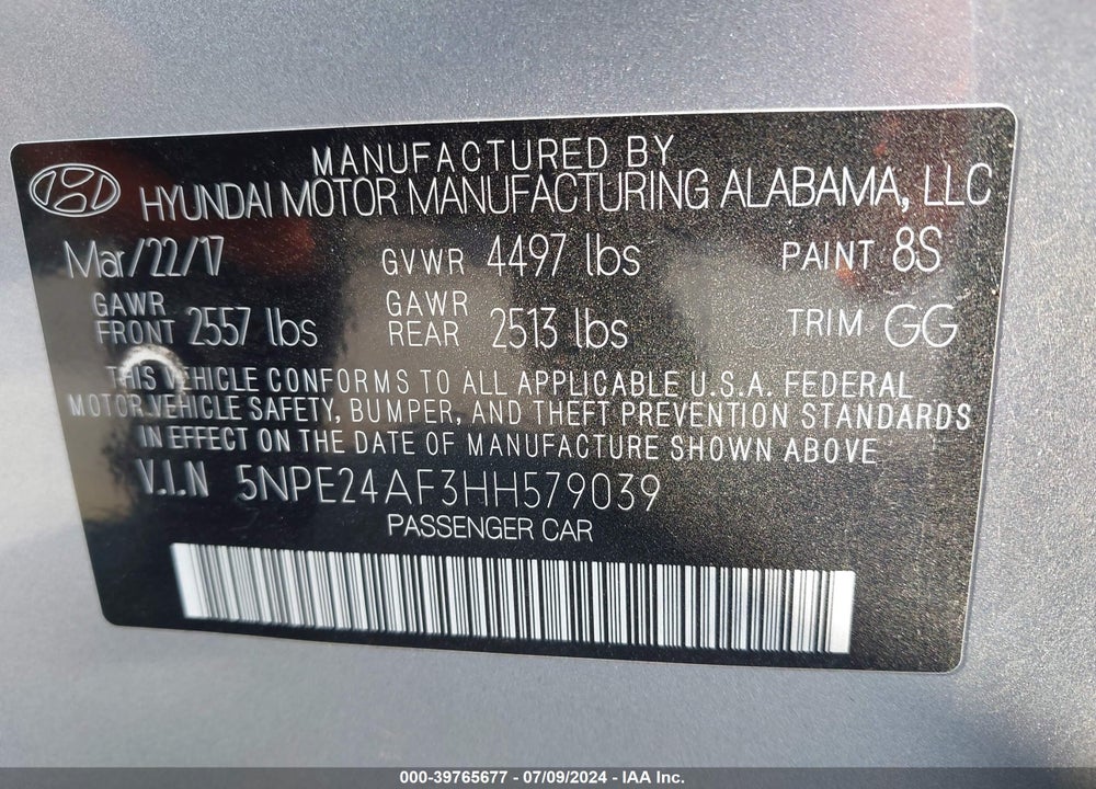 2017 HYUNDAI SONATA SE VIN: 5NPE24AF3HH579039