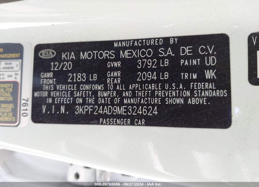 2021 KIA FORTE LXS VIN: 3KPF24AD9ME324624