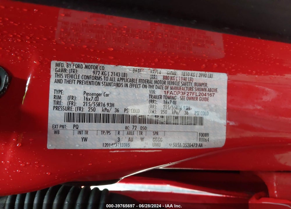 2015 FORD FOCUS SE VIN: 1FADP3F27FL204167