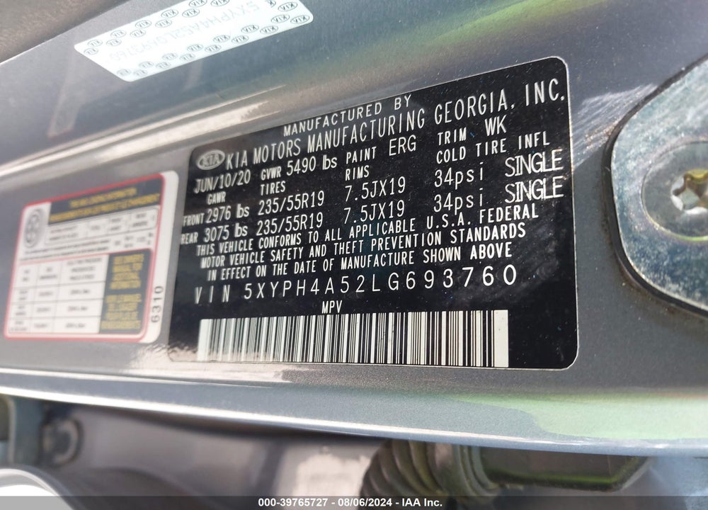 2020 KIA SORENTO 3.3L EX VIN: 5XYPH4A52LG693760