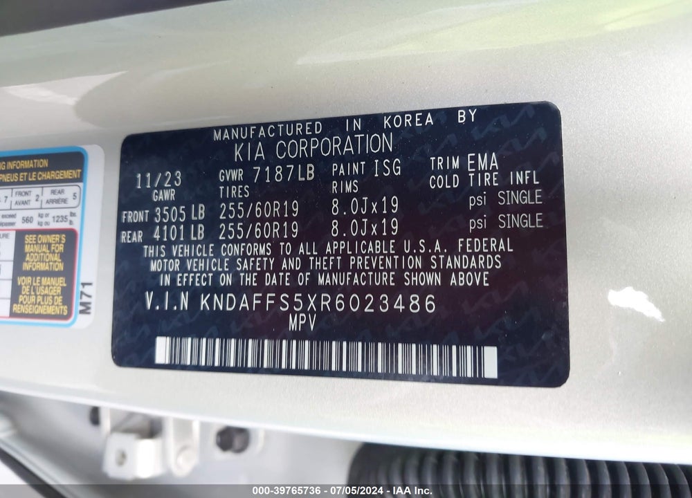 2024 KIA EV9 VIN: KNDAFFS5XR6023486