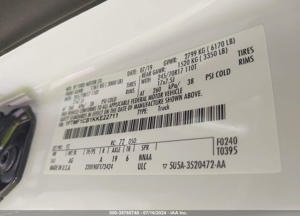 2019 FORD F-150 XL VIN: 1FTMF1CB1KKE22711