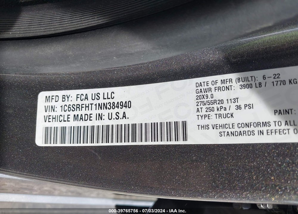 2022 RAM 1500 LIMITED 4X4 5'7 BOX VIN: 1C6SRFHT1NN384940