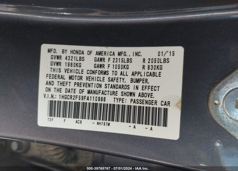 2015 HONDA ACCORD SPORT VIN: 1HGCR2F59FA110986